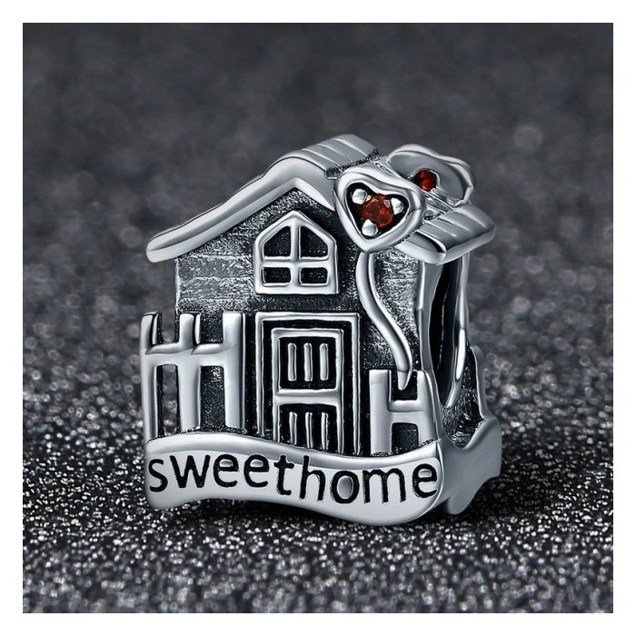 Charm argint 925 casuta Sweet Home cu inimioare rosii PST0107 [2]
