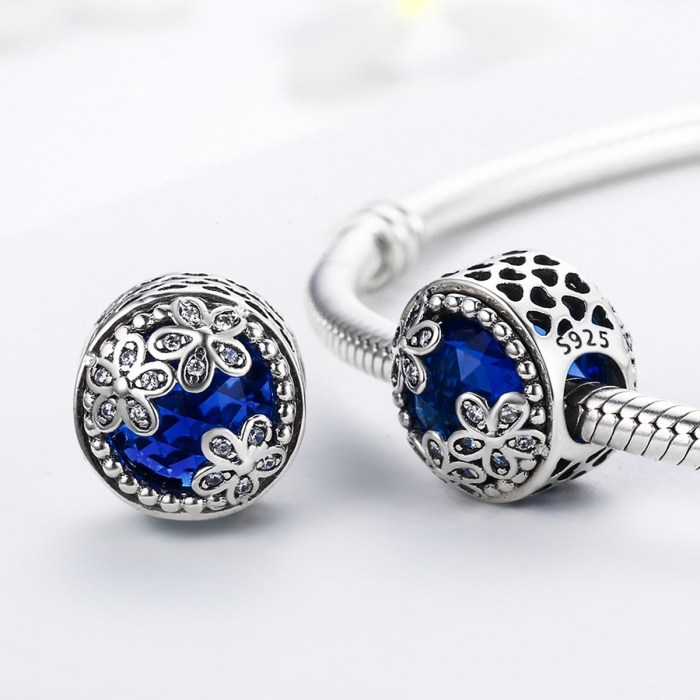 Charm argint 925 cu cristal albastru, floricele si zirconii albe - Be Nature PST0077 [3]