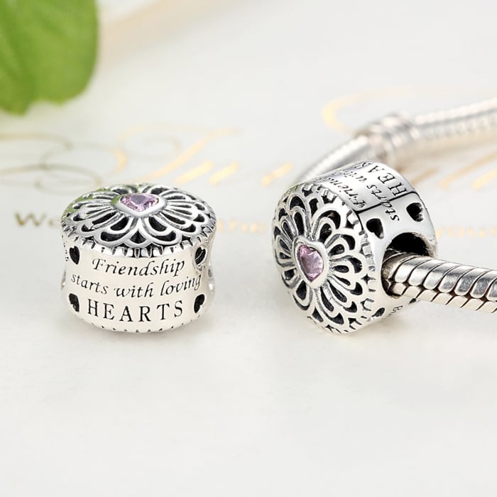Charm argint 925 cu floare si inima roz - Friendship starts with loving hearts - Be Nature PST0041 [3]