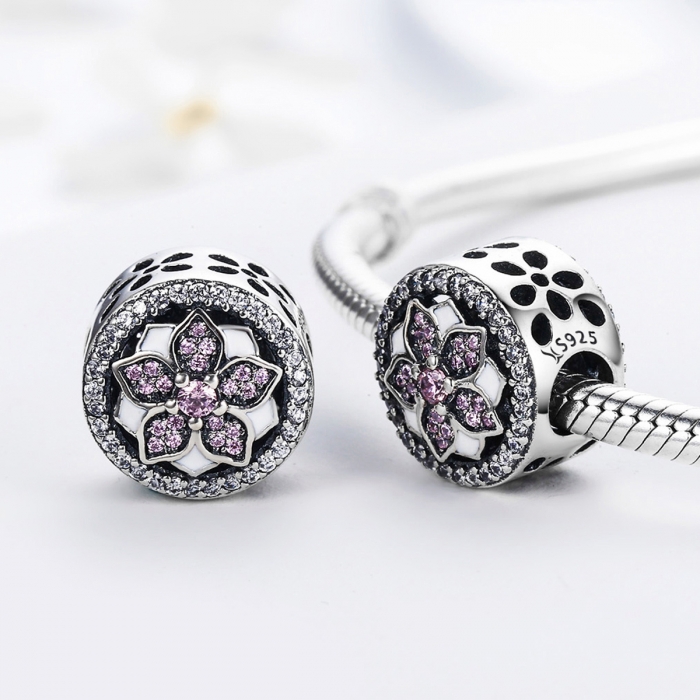 Charm argint 925 cu floare si zirconii albe si roz - Be Nature PST0081 [2]