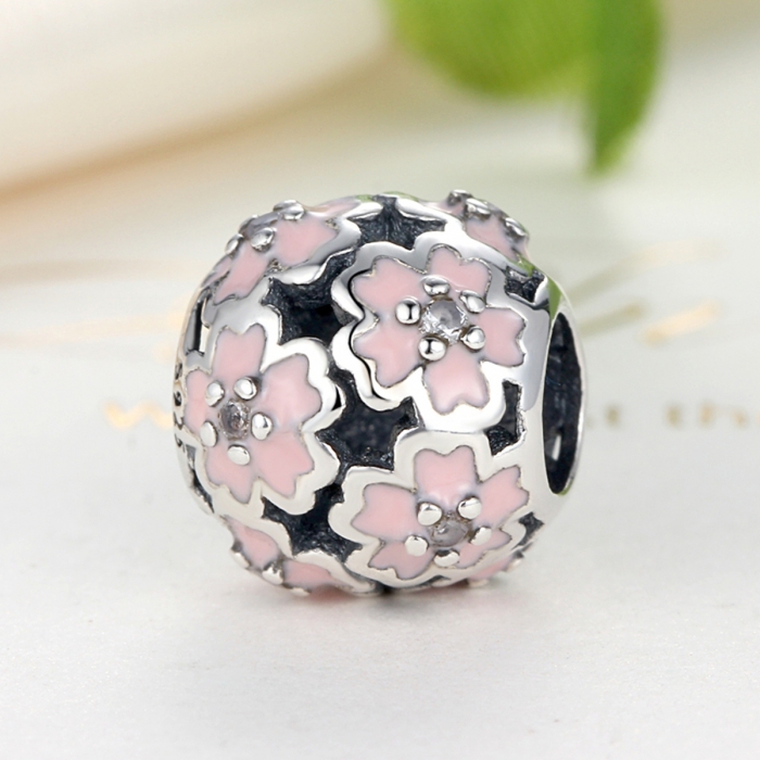 Charm argint 925 cu floricele roz si zirconii albe - Be Nature PST0023 [4]