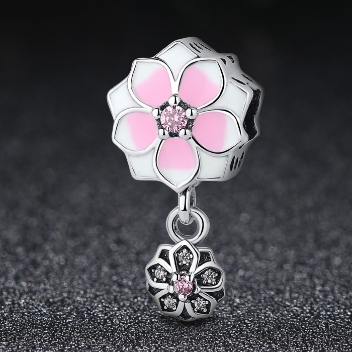 Charm argint 925 cu floricele roz si zirconii albe si roz - Be Nature PST0050 [2]