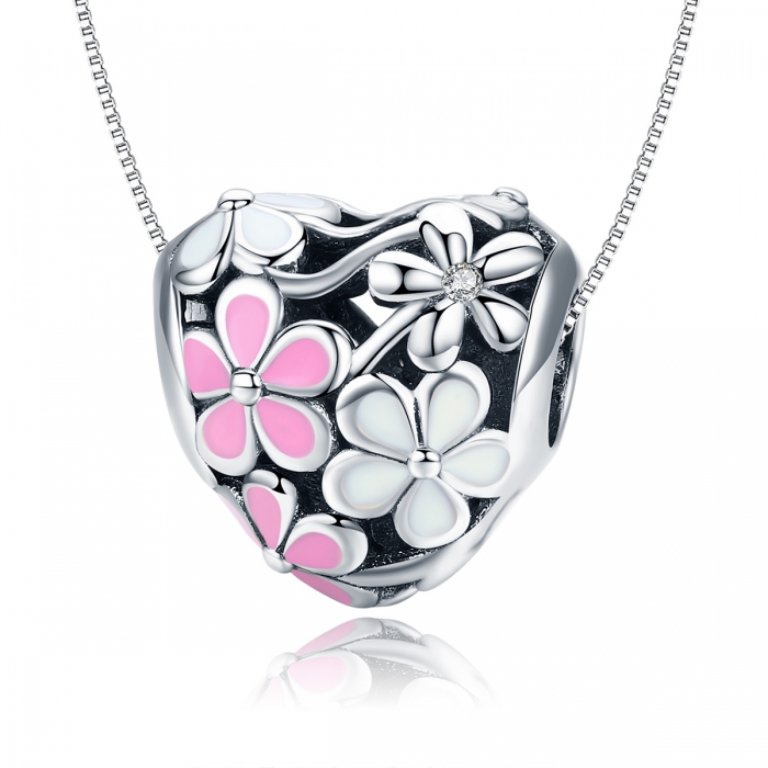 Charm argint 925 inimioara cu floricele albe si roz - Be in Love PST0139 [6]
