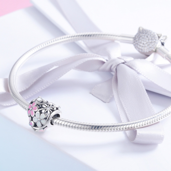Charm argint 925 inimioara cu floricele albe si roz - Be in Love PST0139 [3]
