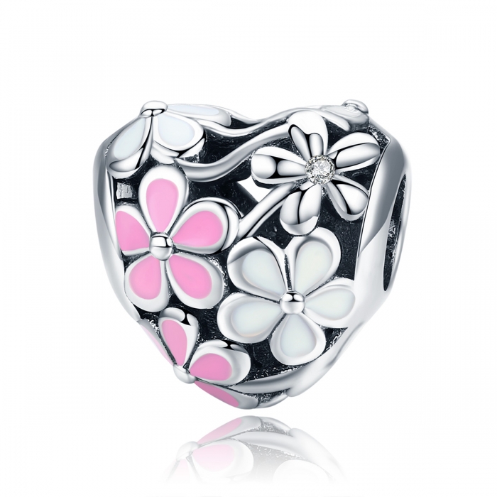 Charm argint 925 inimioara cu floricele albe si roz - Be in Love PST0139 [1]