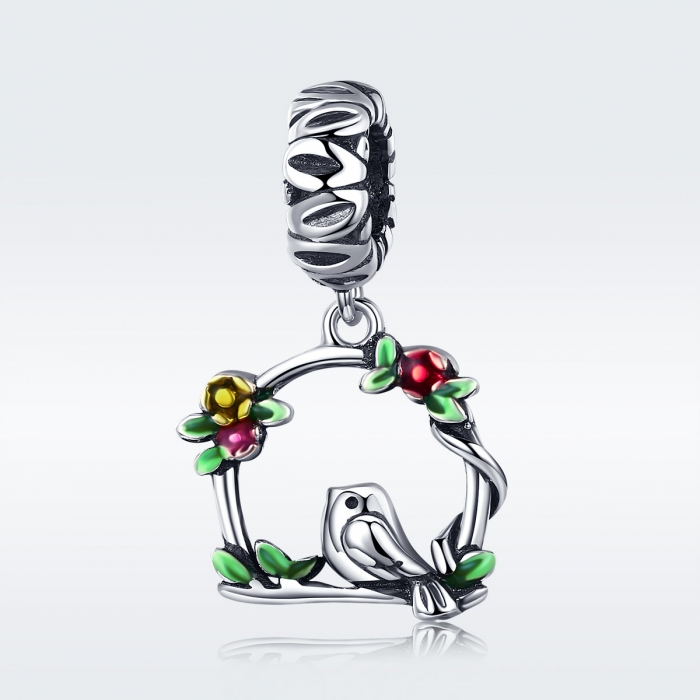 Charm argint 925 inimioara cu floricele si vrabiuta - Be Nature PST0127 [7]