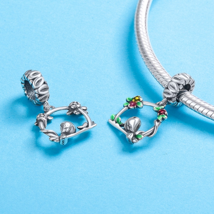 Charm argint 925 inimioara cu floricele si vrabiuta - Be Nature PST0127 [5]