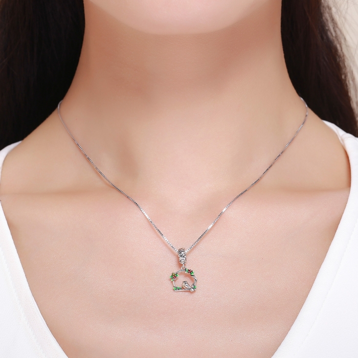 Charm argint 925 inimioara cu floricele si vrabiuta - Be Nature PST0127 [6]