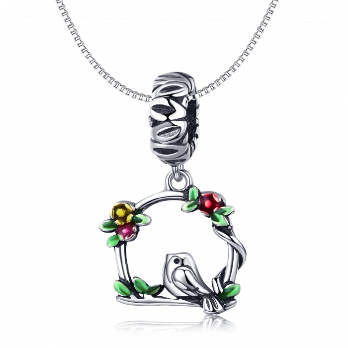 Charm argint 925 inimioara cu floricele si vrabiuta - Be Nature PST0127 [3]