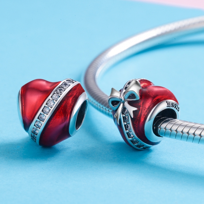 Charm argint 925 inimioara rosie cu fundita si zirconii albe - Be in Love PST0131 [4]