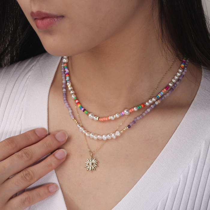 Colier argint 925 placat cu aur 14K cu perle si margele din sticla colorata [2]