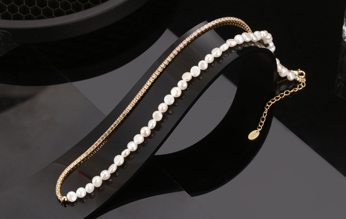 Colier tennis argint 925 placat cu aur 14K cu perle si zirconiu [5]