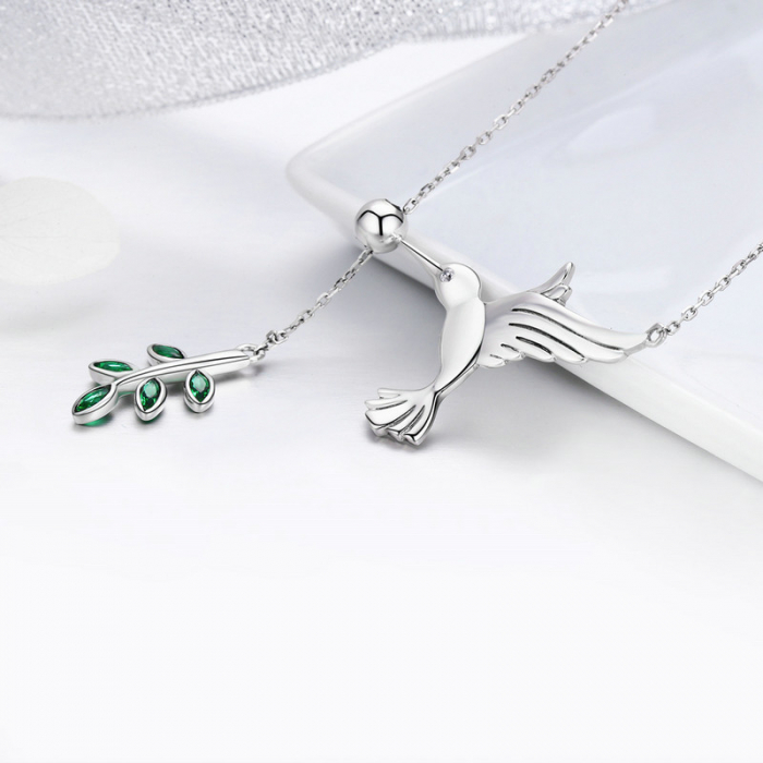 Colier argint pasare colibri si frunza [5]