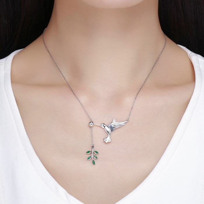 Colier argint pasare colibri si frunza [7]