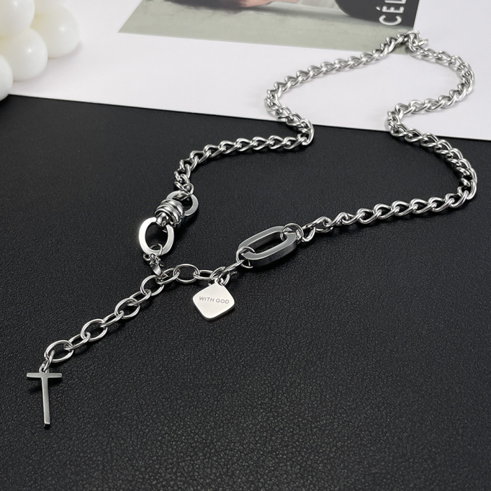 Colier inox reglabil cu cruce si mesaj "With God" [14]