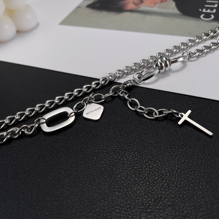 Colier inox reglabil cu cruce si mesaj "With God" [5]