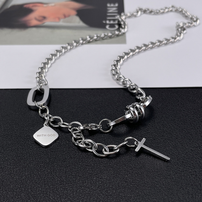 Colier inox reglabil cu cruce si mesaj "With God" [9]