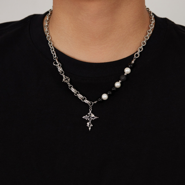 Colier inox cruce cu perle si roca vulcanica [5]