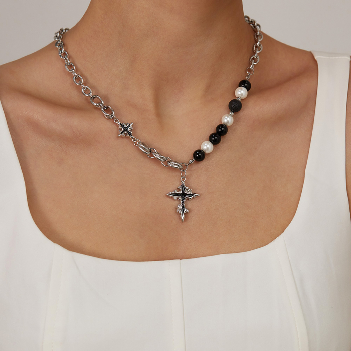 Colier inox cruce cu perle si roca vulcanica [14]