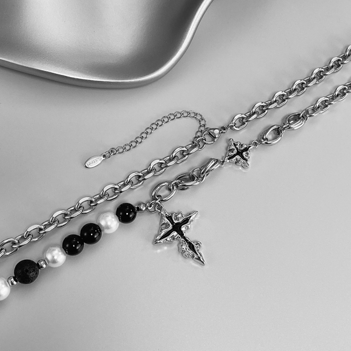 Colier inox cruce cu perle si roca vulcanica [6]