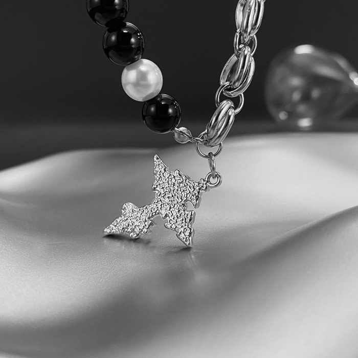 Colier inox cruce cu perle si roca vulcanica [7]