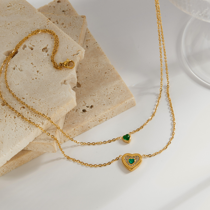 Colier inox dublu cu inimioare si zirconii [10]