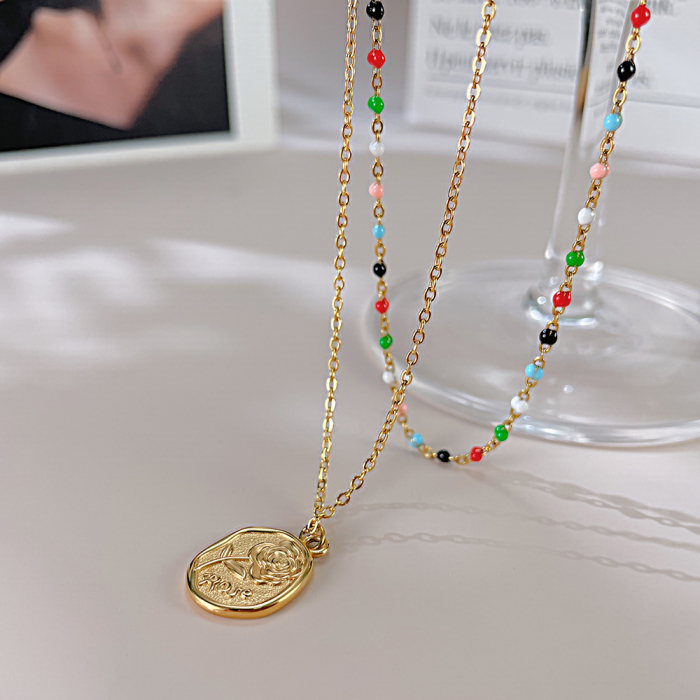 Colier inox dublu cu margele si trandafir [5]