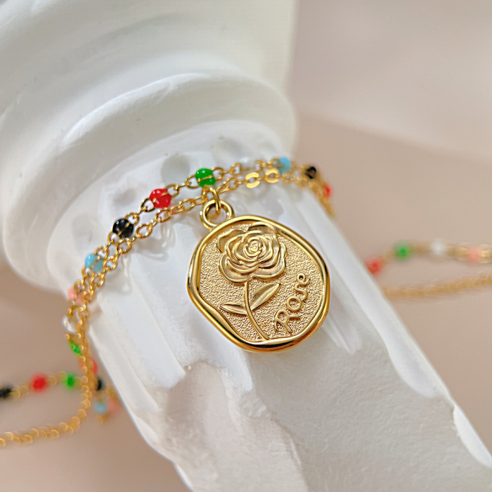 Colier inox dublu cu margele si trandafir [3]