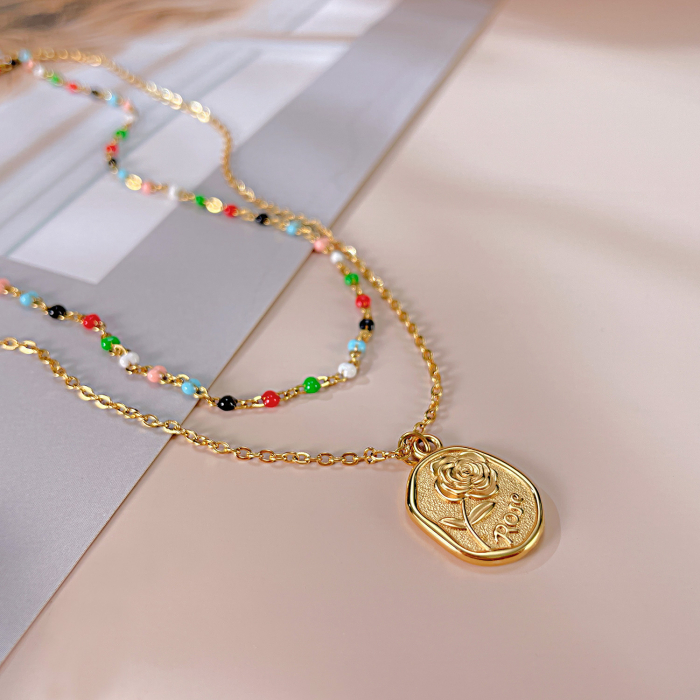 Colier inox dublu cu margele si trandafir [9]