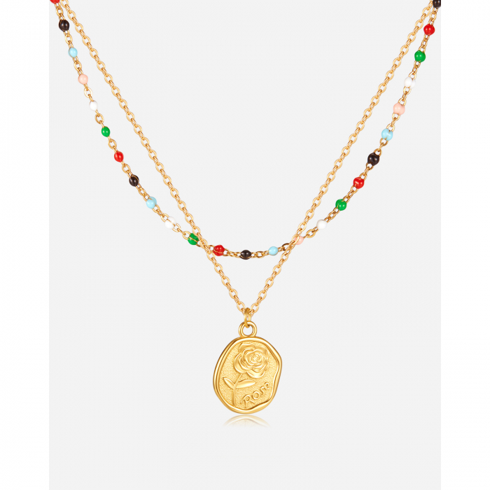 Colier inox dublu cu margele si trandafir [15]