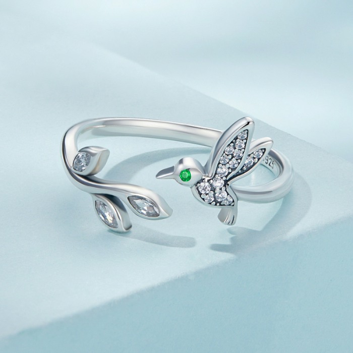 Inel argint reglabil pasare colibri si floare [5]