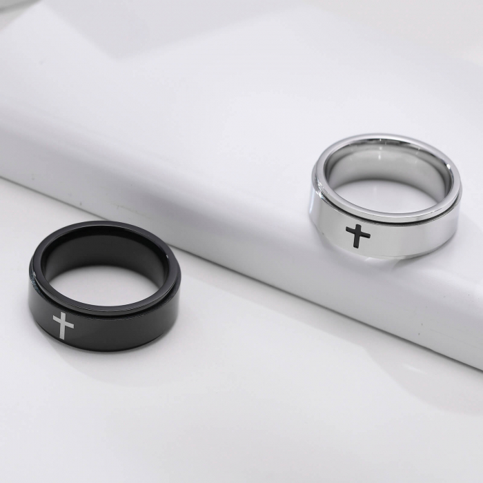 Inel inox antistres negru cu cruce [4]