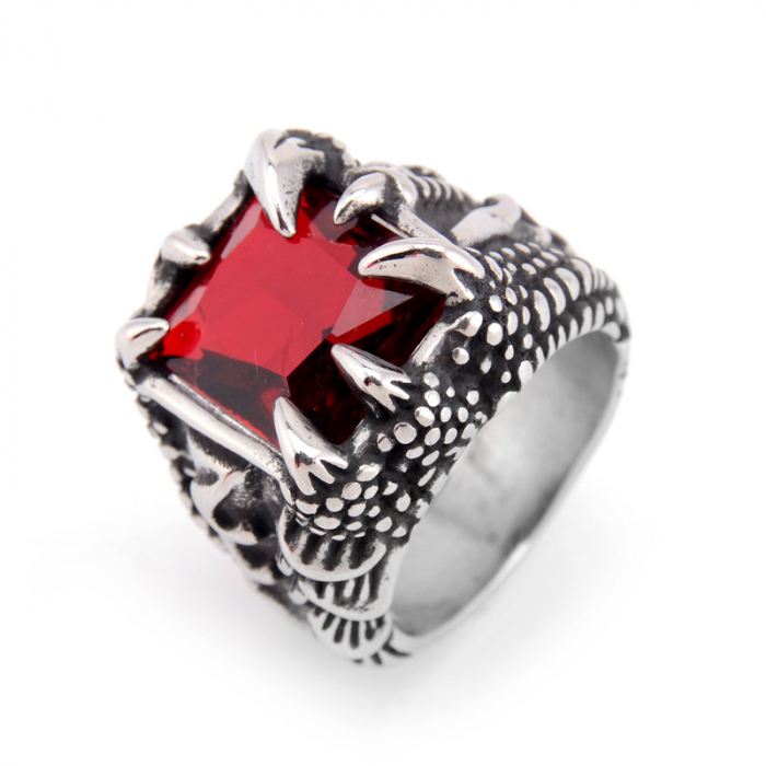 Inel inox argintiu gheara de dragon cu zirconiu rosu [2]