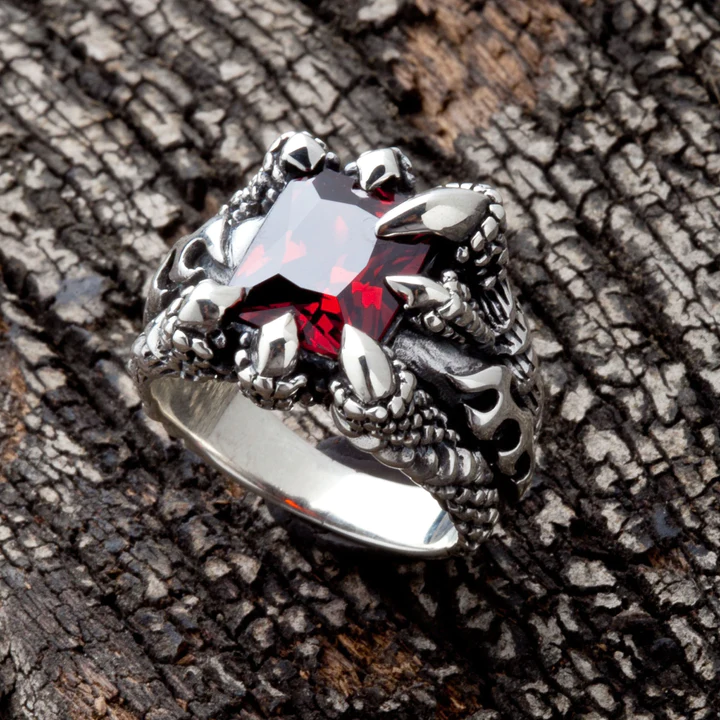 Inel inox argintiu gheara de dragon cu zirconiu rosu [8]