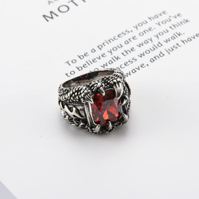 Inel inox argintiu gheara de dragon cu zirconiu rosu [10]