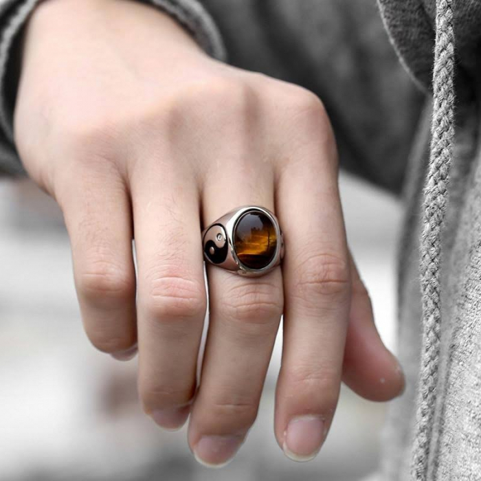 Inel inox auriu Yin si Yang cu zirconiu [9]
