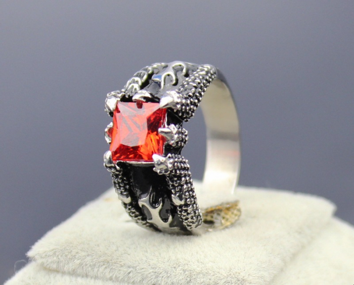 Inel inox biker cu gheare de dragon si zirconiu ros [4]