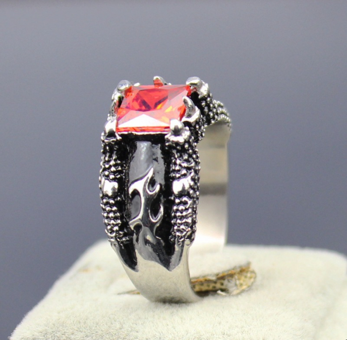 Inel inox biker cu gheare de dragon si zirconiu ros [2]