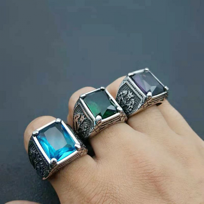 Inel inox cu zirconiu albastru si model floral [3]