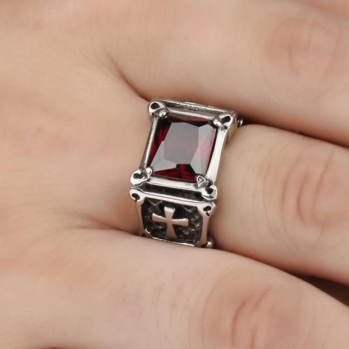 Inel inox cu zirconiu negru si cruce [10]