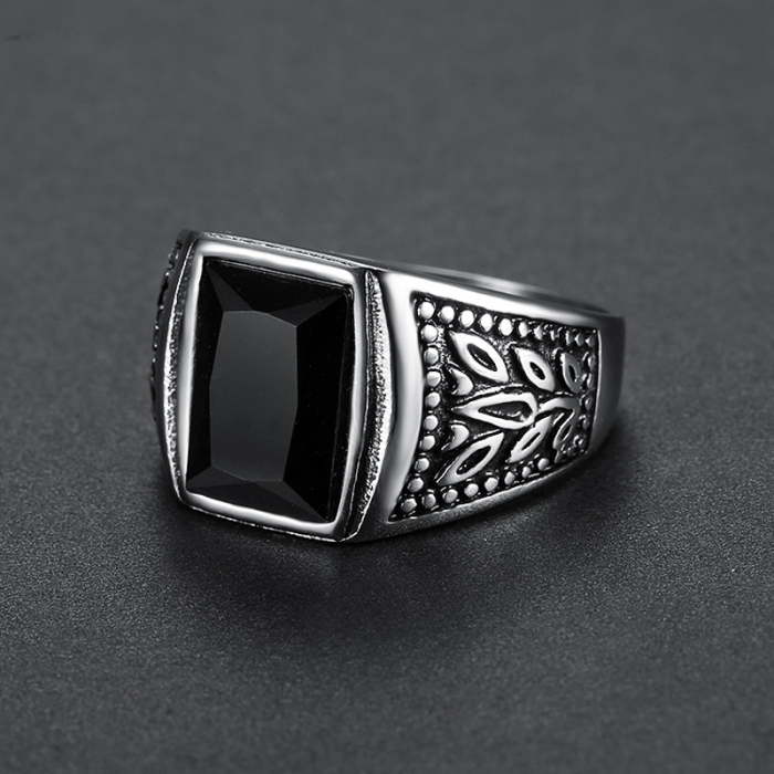 Inel inox cu zirconiu negru si frunze [3]