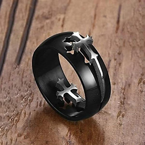 Inel inox negru cu cruce argintie [5]