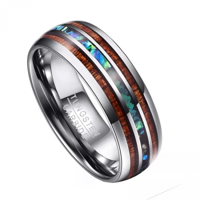 Inel tungsten cu insertie de Abalone si Lemn Hawaiian [2]