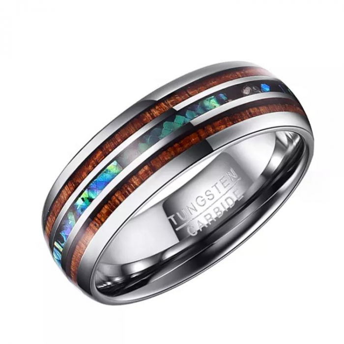 Inel tungsten cu insertie de Abalone si Lemn Hawaiian [5]