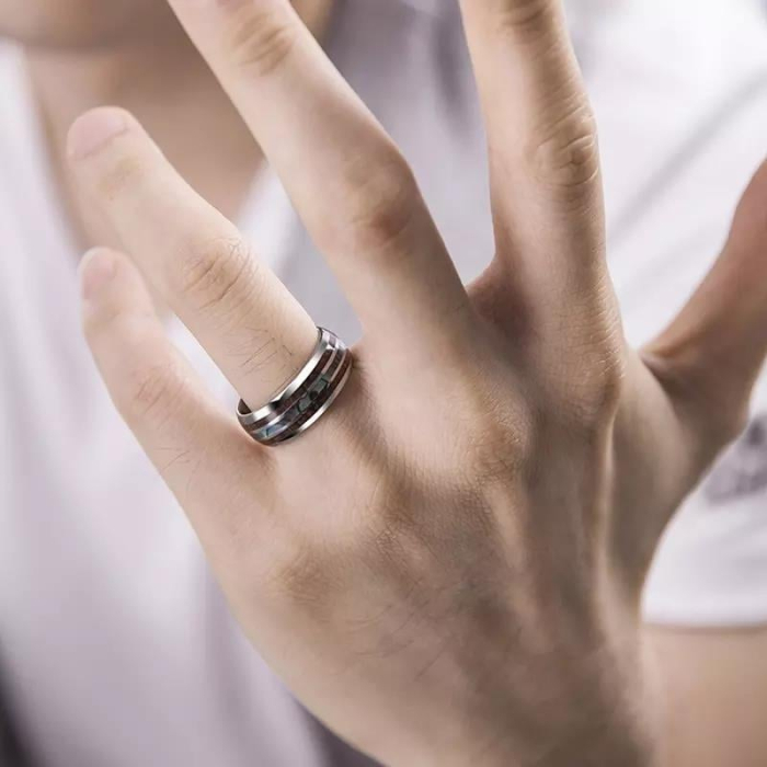 Inel inox cu insertie de Abalone si Lemn Hawaiian [2]