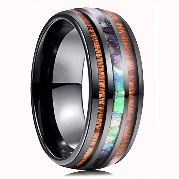 Inel inox negru cu insertie de Abalone si Lemn Hawaiian [3]