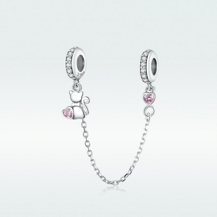 Lant de siguranta bratara cu pisicuta si inimioare roz argint [5]