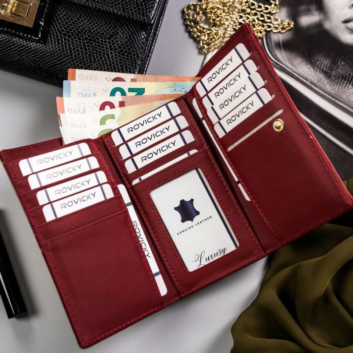 Portofel dama din piele naturala PORTG510, Rosu, Rovicky, RFID [2]