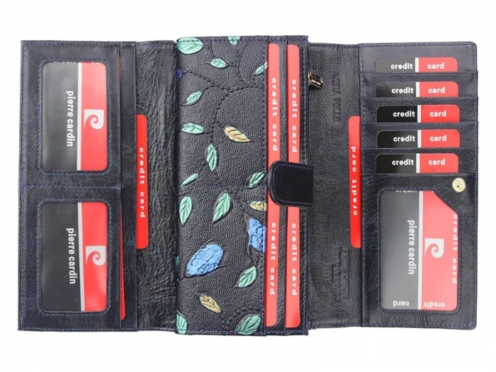 Portofel de lux pt. dama din piele naturala cu frunze Pierre Cardin PORT603 Negru [3]