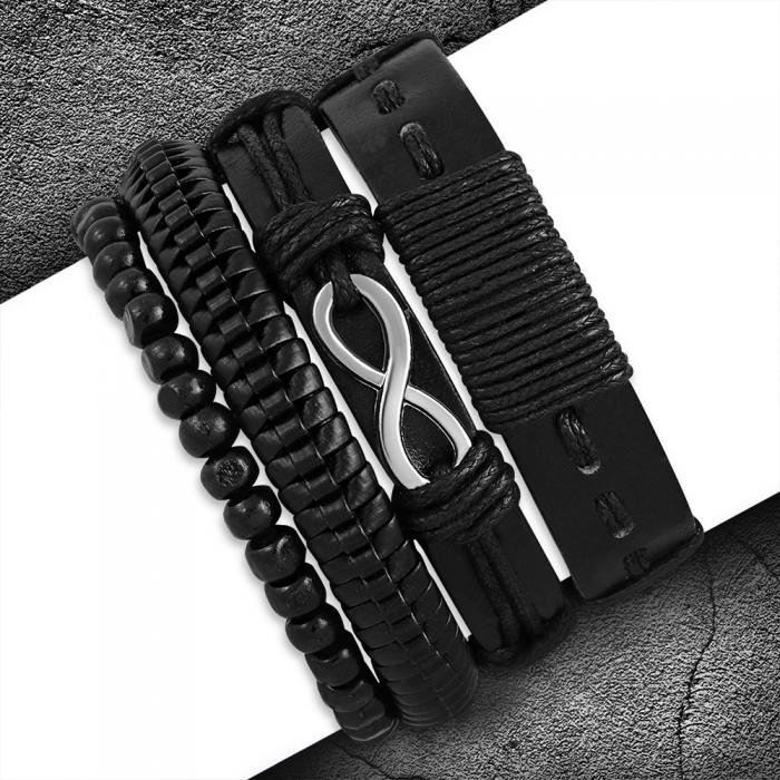 Set 4 bratari piele neagra cu infinitl si margele lemn BSL3314 [2]